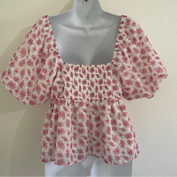 ALTAR’D STATE XL Balloon Sleeve Seersucker Floral Eyelet White Pink Blouse - Picture 2 of 7